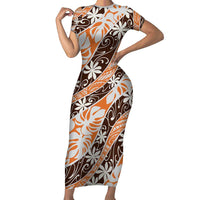 Puatou Tahiti Tiare Monstera Short Sleeve Bodycon Dress Polynesian Pattern Curve Style - Polynesian Pride