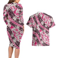Tarona Tahiti Tiare Monstera Couples Matching Long Sleeve Bodycon Dress and Hawaiian Shirt Polynesian Pattern Curve Style - Polynesian Pride