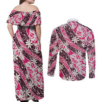 Tarona Tahiti Tiare Monstera Couples Matching Off Shoulder Maxi Dress and Long Sleeve Button Shirt Polynesian Pattern Curve Style - Polynesian Pride
