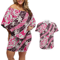 Tarona Tahiti Tiare Monstera Couples Matching Off Shoulder Short Dress and Hawaiian Shirt Polynesian Pattern Curve Style LT01 Pink - Polynesian Pride