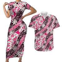 Tarona Tahiti Tiare Monstera Couples Matching Short Sleeve Bodycon Dress and Hawaiian Shirt Polynesian Pattern Curve Style LT01 Pink - Polynesian Pride