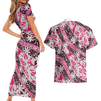 Tarona Tahiti Tiare Monstera Couples Matching Short Sleeve Bodycon Dress and Hawaiian Shirt Polynesian Pattern Curve Style LT01 - Polynesian Pride
