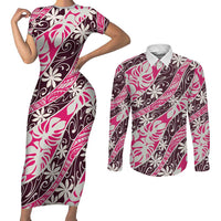 Tarona Tahiti Tiare Monstera Couples Matching Short Sleeve Bodycon Dress and Long Sleeve Button Shirt Polynesian Pattern Curve Style LT01 Pink - Polynesian Pride
