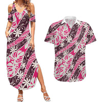 Tarona Tahiti Tiare Monstera Couples Matching Summer Maxi Dress and Hawaiian Shirt Polynesian Pattern Curve Style LT01 Pink - Polynesian Pride