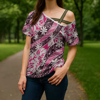 Tarona Tahiti Tiare Monstera Cross Shoulder Shirt Polynesian Pattern Curve Style LT01 - Polynesian Pride