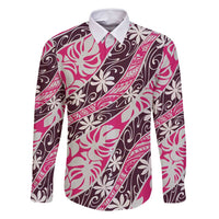 Tarona Tahiti Tiare Monstera Family Matching Off Shoulder Maxi Dress and Hawaiian Shirt Polynesian Pattern Curve Style LT01 Dad's Shirt - Long Sleeve Pink - Polynesian Pride