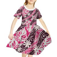 Tarona Tahiti Tiare Monstera Kid Short Sleeve Dress Polynesian Pattern Curve Style - Polynesian Pride
