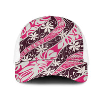 Tarona Tahiti Tiare Monstera Mesh Trucker Cap Polynesian Pattern Curve Style LT01 One Size White Pink - Polynesian Pride