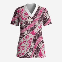 Tarona Tahiti Tiare Monstera Scrub Top Polynesian Pattern Curve Style LT01 Adult Pink - Polynesian Pride