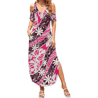 Tarona Tahiti Tiare Monstera Summer Maxi Dress Polynesian Pattern Curve Style LT01 Women Pink - Polynesian Pride