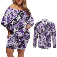 Vareau Tahiti Tiare Monstera Couples Matching Off Shoulder Short Dress and Long Sleeve Button Shirt Polynesian Pattern Curve Style LT01 Purple - Polynesian Pride