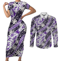 Vareau Tahiti Tiare Monstera Couples Matching Short Sleeve Bodycon Dress and Long Sleeve Button Shirt Polynesian Pattern Curve Style LT01 Purple - Polynesian Pride
