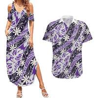 Vareau Tahiti Tiare Monstera Couples Matching Summer Maxi Dress and Hawaiian Shirt Polynesian Pattern Curve Style LT01 Purple - Polynesian Pride