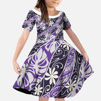 Vareau Tahiti Tiare Monstera Family Matching Long Sleeve Bodycon Dress and Hawaiian Shirt Polynesian Pattern Curve Style LT01 Daughter's Dress Purple - Polynesian Pride