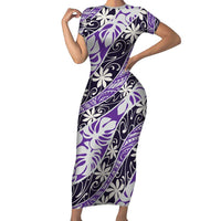 Vareau Tahiti Tiare Monstera Short Sleeve Bodycon Dress Polynesian Pattern Curve Style - Polynesian Pride