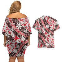 Uteute Tahiti Tiare Monstera Couples Matching Off Shoulder Short Dress and Hawaiian Shirt Polynesian Pattern Curve Style LT01 - Polynesian Pride