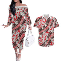 Uteute Tahiti Tiare Monstera Couples Matching Off The Shoulder Long Sleeve Dress and Hawaiian Shirt Polynesian Pattern Curve Style LT01 Red - Polynesian Pride