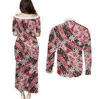 Uteute Tahiti Tiare Monstera Couples Matching Puletasi and Long Sleeve Button Shirt Polynesian Pattern Curve Style - Polynesian Pride