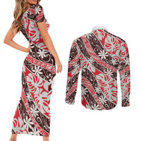 Uteute Tahiti Tiare Monstera Couples Matching Short Sleeve Bodycon Dress and Long Sleeve Button Shirt Polynesian Pattern Curve Style LT01 - Polynesian Pride