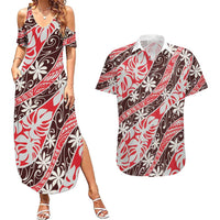 Uteute Tahiti Tiare Monstera Couples Matching Summer Maxi Dress and Hawaiian Shirt Polynesian Pattern Curve Style LT01 Red - Polynesian Pride
