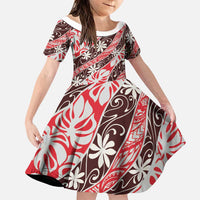 Uteute Tahiti Tiare Monstera Family Matching Off The Shoulder Long Sleeve Dress and Hawaiian Shirt Polynesian Pattern Curve Style LT01 Daughter's Dress Red - Polynesian Pride