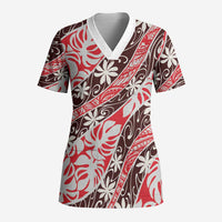Uteute Tahiti Tiare Monstera Scrub Top Polynesian Pattern Curve Style LT01 Adult Red - Polynesian Pride