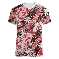Uteute Tahiti Tiare Monstera Women V-Neck T-Shirt Polynesian Pattern Curve Style - Polynesian Pride