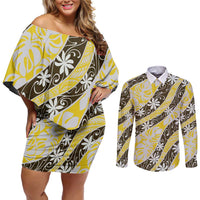 Rearea Tahiti Tiare Monstera Couples Matching Off Shoulder Short Dress and Long Sleeve Button Shirt Polynesian Pattern Curve Style LT01 Yellow - Polynesian Pride
