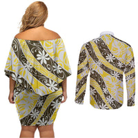 Rearea Tahiti Tiare Monstera Couples Matching Off Shoulder Short Dress and Long Sleeve Button Shirt Polynesian Pattern Curve Style LT01 - Polynesian Pride