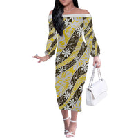Rearea Tahiti Tiare Monstera Family Matching Off The Shoulder Long Sleeve Dress and Hawaiian Shirt Polynesian Pattern Curve Style LT01 Mom's Dress Yellow - Polynesian Pride