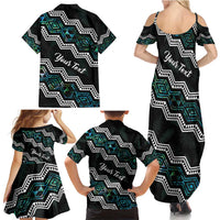 Personalised Taniko Aotearoa Mix Paua Shell Family Matching Summer Maxi Dress and Hawaiian Shirt Niho Taniwha Turquoise Glitter LT01 - Polynesian Pride