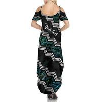 Personalised Taniko Aotearoa Mix Paua Shell Family Matching Summer Maxi Dress and Hawaiian Shirt Niho Taniwha Turquoise Glitter LT01 - Polynesian Pride