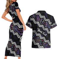 Personalised Taniko Aotearoa Mix Paua Shell Couples Matching Short Sleeve Bodycon Dress and Hawaiian Shirt Niho Taniwha Lilac Glitter