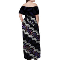 Personalised Taniko Aotearoa Mix Paua Shell Off Shoulder Maxi Dress Niho Taniwha Lilac Glitter