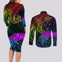 Wellington Pride Couples Matching Long Sleeve Bodycon Dress and Long Sleeve Button Shirt Aotearoa Tribal Rainbow Pattern LT01 - Polynesian Pride