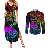 Wellington Pride Couples Matching Summer Maxi Dress and Long Sleeve Button Shirt Aotearoa Tribal Rainbow Pattern LT01 Black - Polynesian Pride
