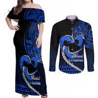 Personalised Hawaii Couples Matching Off Shoulder Maxi Dress and Long Sleeve Button Shirts Maui Be Strong Kakau Blue Version LT01 Blue - Polynesian Pride