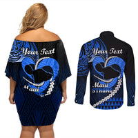 Personalised Hawaii Couples Matching Off Shoulder Short Dress and Long Sleeve Button Shirts Maui Be Strong Kakau Blue Version LT01 - Polynesian Pride