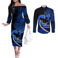 Personalised Hawaii Couples Matching Off The Shoulder Long Sleeve Dress and Long Sleeve Button Shirts Maui Be Strong Kakau Blue Version LT01 Blue - Polynesian Pride