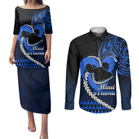 Personalised Hawaii Couples Matching Puletasi Dress and Long Sleeve Button Shirts Maui Be Strong Kakau Blue Version LT01 Blue - Polynesian Pride