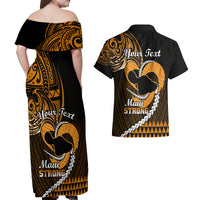 Personalised Hawaii Couples Matching Off Shoulder Maxi Dress and Hawaiian Shirt Maui Be Strong Kakau Gold Version LT01 - Polynesian Pride
