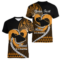 Personalised Hawaii Women V Neck T Shirt Maui Be Strong Kakau Gold Version LT01 - Polynesian Pride
