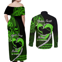 Personalised Hawaii Couples Matching Off Shoulder Maxi Dress and Long Sleeve Button Shirts Maui Be Strong Kakau Green Version LT01 - Polynesian Pride
