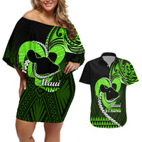 Personalised Hawaii Couples Matching Off Shoulder Short Dress and Hawaiian Shirt Maui Be Strong Kakau Green Version LT01 Green - Polynesian Pride