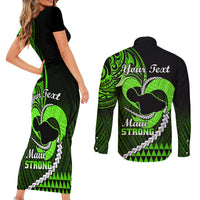 Personalised Hawaii Couples Matching Short Sleeve Bodycon Dress and Long Sleeve Button Shirts Maui Be Strong Kakau Green Version LT01 - Polynesian Pride