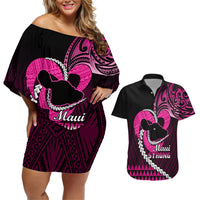 Personalised Hawaii Couples Matching Off Shoulder Short Dress and Hawaiian Shirt Maui Be Strong Kakau Pink Version LT01 Pink - Polynesian Pride