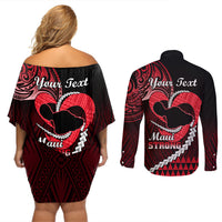 Personalised Hawaii Couples Matching Off Shoulder Short Dress and Long Sleeve Button Shirts Maui Be Strong Kakau Red Version LT01 - Polynesian Pride