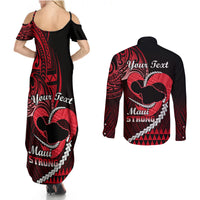 Personalised Hawaii Couples Matching Summer Maxi Dress and Long Sleeve Button Shirts Maui Be Strong Kakau Red Version LT01 - Polynesian Pride