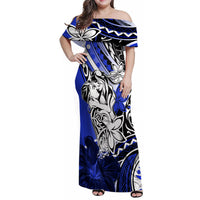 Polynesian Valentine Family Matching Off Shoulder Maxi Dress and Hawaiian Shirt Couple Floral Unique Blue Version LT01 Mom's Dress Blue - Polynesian Pride