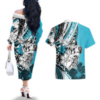 Polynesian Valentine Couples Matching Off The Shoulder Long Sleeve Dress and Hawaiian Shirt Couple Floral Unique Sky Blue Version LT01 - Polynesian Pride